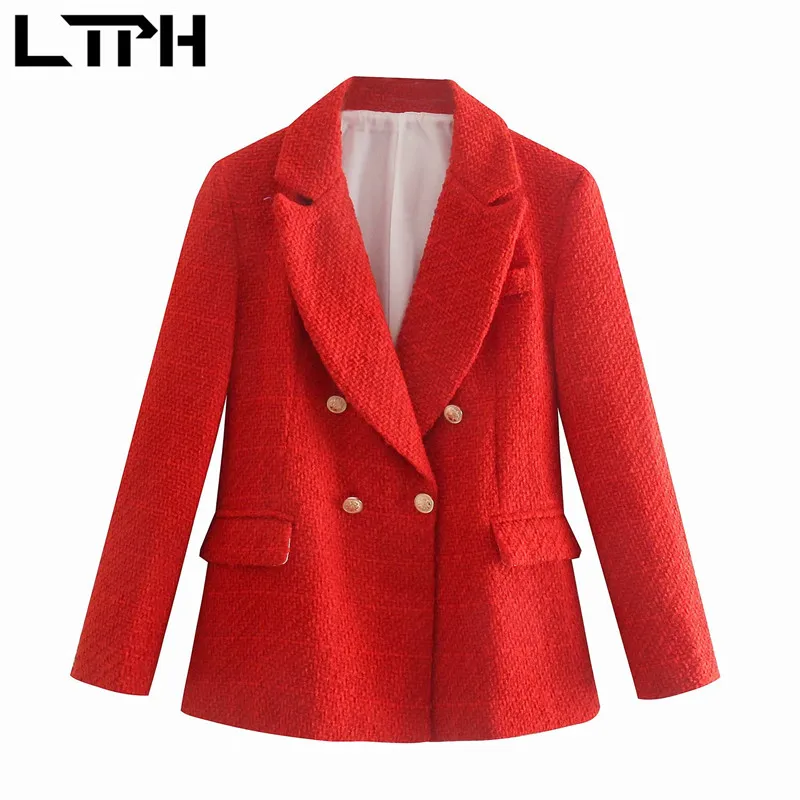 

LTPH red textured Double Breasted casual blazer women long sleeve chic button vintage tweed Jacket Lady Suit Coat 2021autumn new