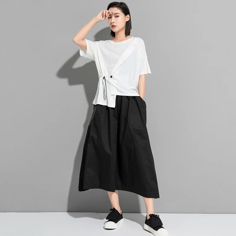 

CHICEVER Minimalist Hit Color T Shirt For Women O Neck Short Sleeve Asymmetrical Casual T Shirts Female Summer Fashion 2021 New