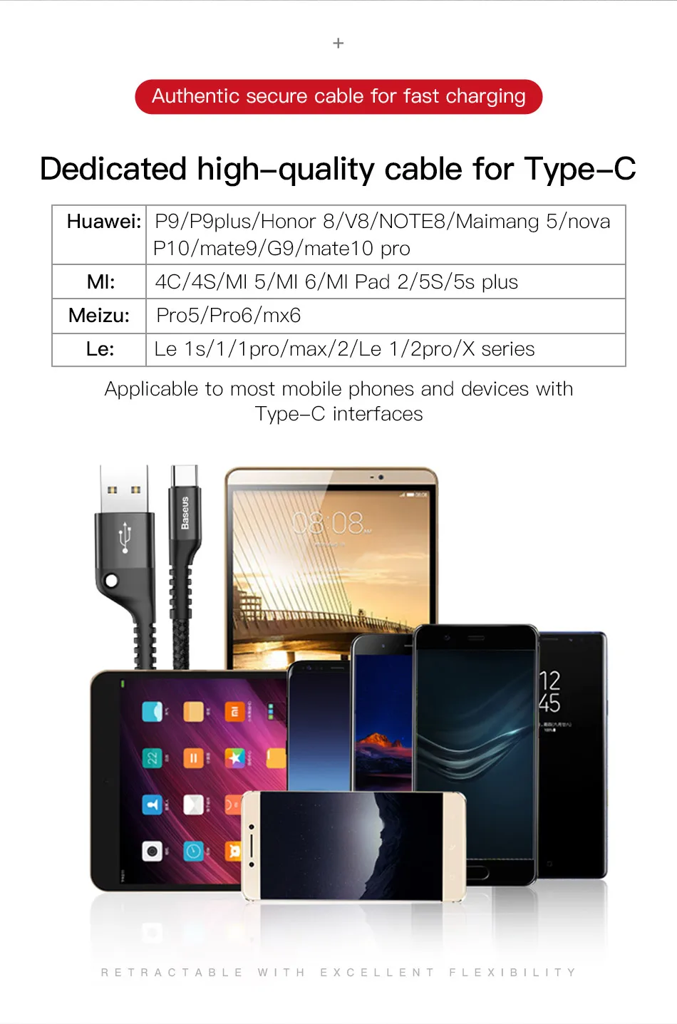 Baseus весна выдвижной usb type c кабель быстрой зарядки данных для samsung s9 s8 huawei oneplus 6 xiaomi 9 note 7 зарядное устройство Android