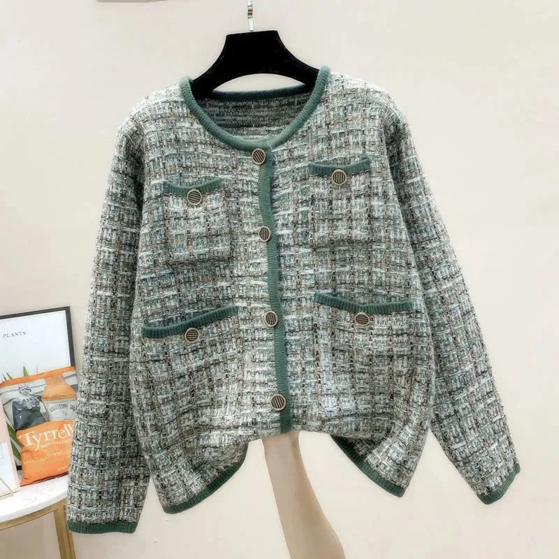 

Винтажный клетчатый вязаный кардиган, женский маленький ароматизированный стиль, Элегантная трикотажная одежда с круглым вырезом и пугови...