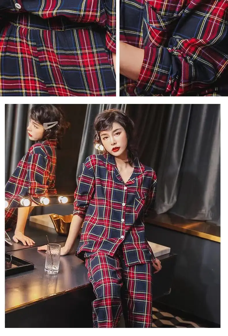 Женский пижамный комплект Осень-зима новая клетчатая женская пижама с отворотом