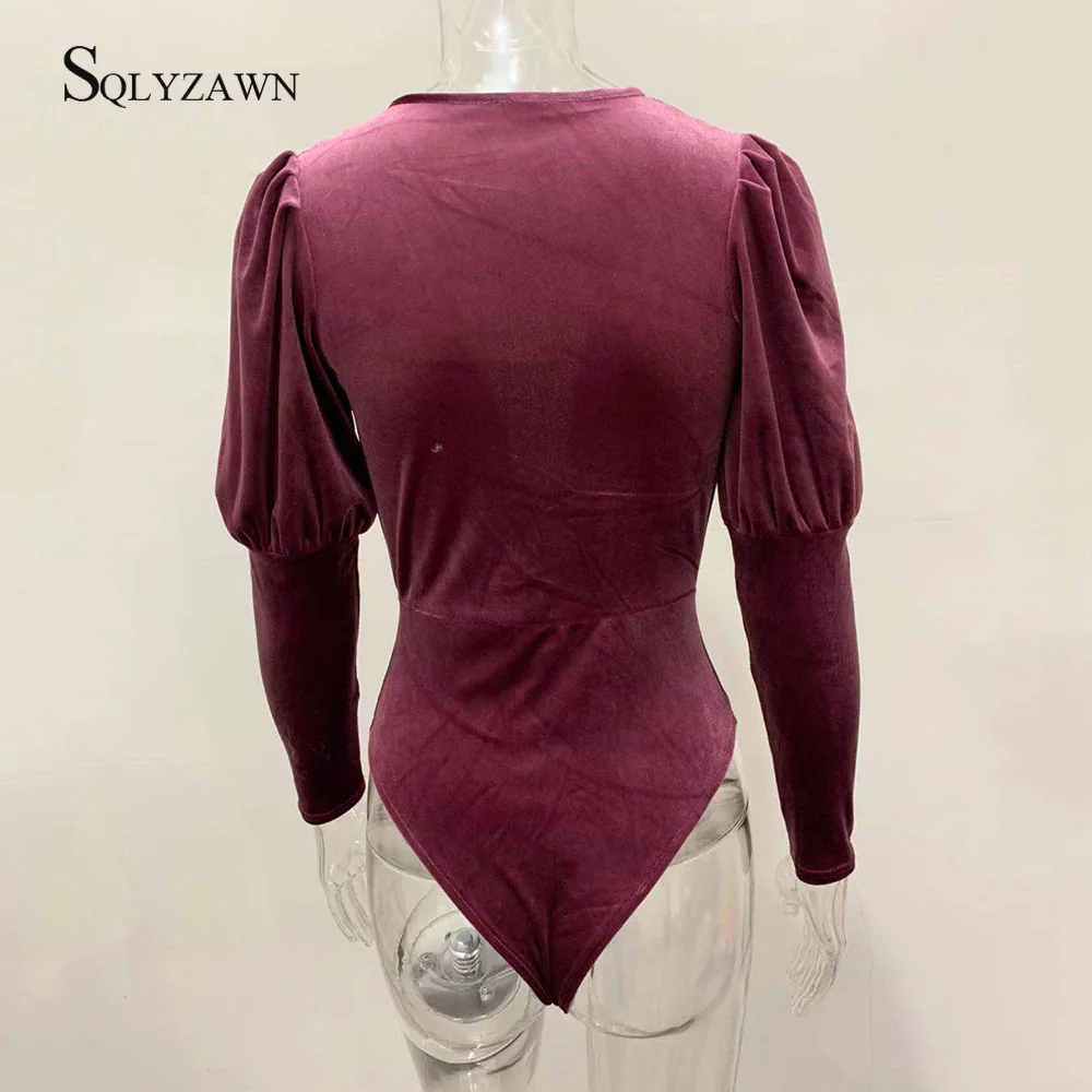 Брендовый бархатный женский боди с пышными рукавами Осенний однотонный