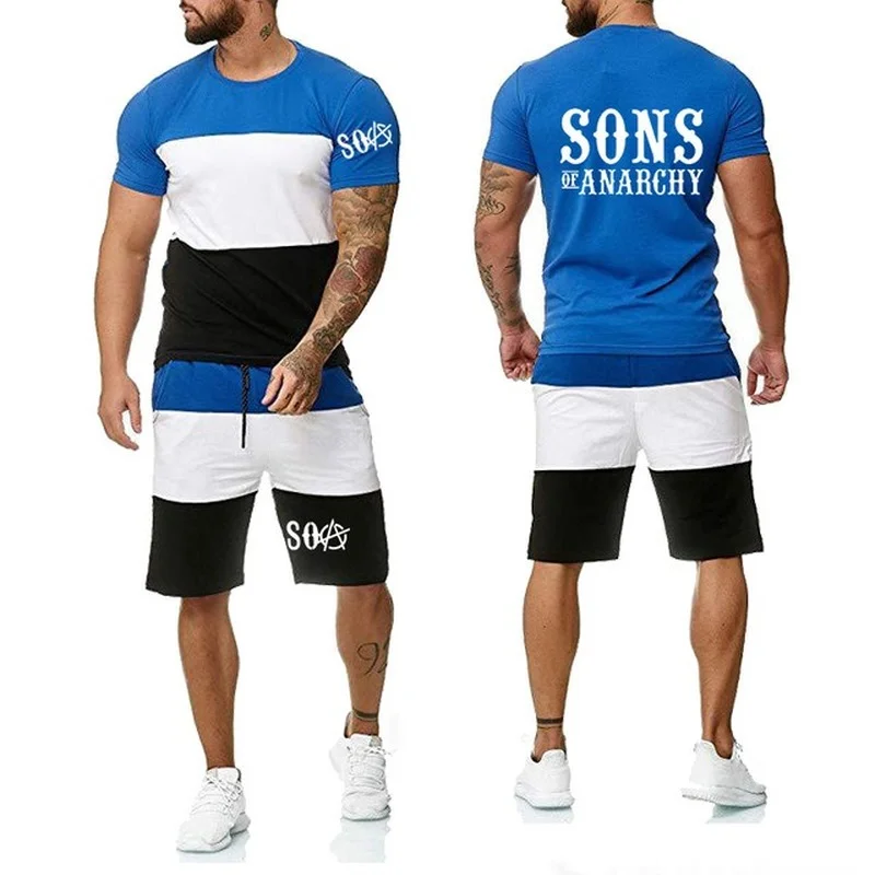 

New Summer Men's short sleeve SOA Sons of anarchy the child SONS Printed High Quality Fashion Men's T-Shirt Pants Suit 2Pcs Q