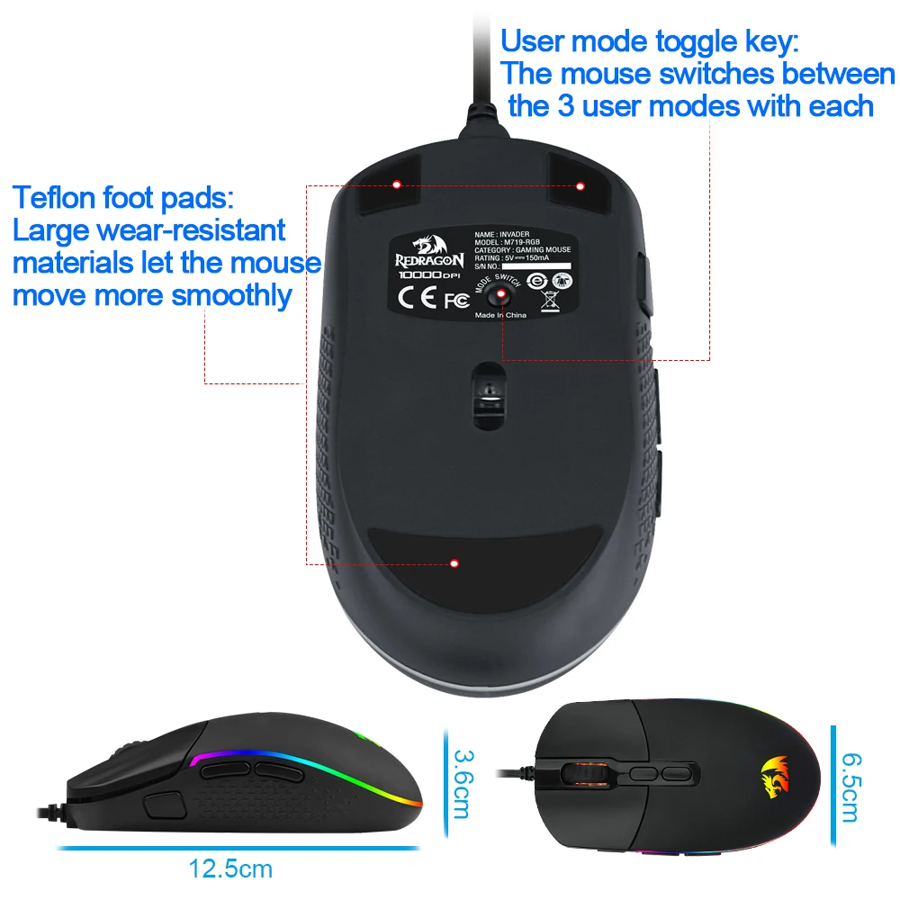 Redragon INVADER M719 RGB USB Проводная игровая мышь 10000 точек/дюйм программируемые игровые