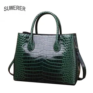 suwerer new women genuine leather handbags fashion crocodile pattern real cowhide leather cowhide leather shoulder bag women free global shipping