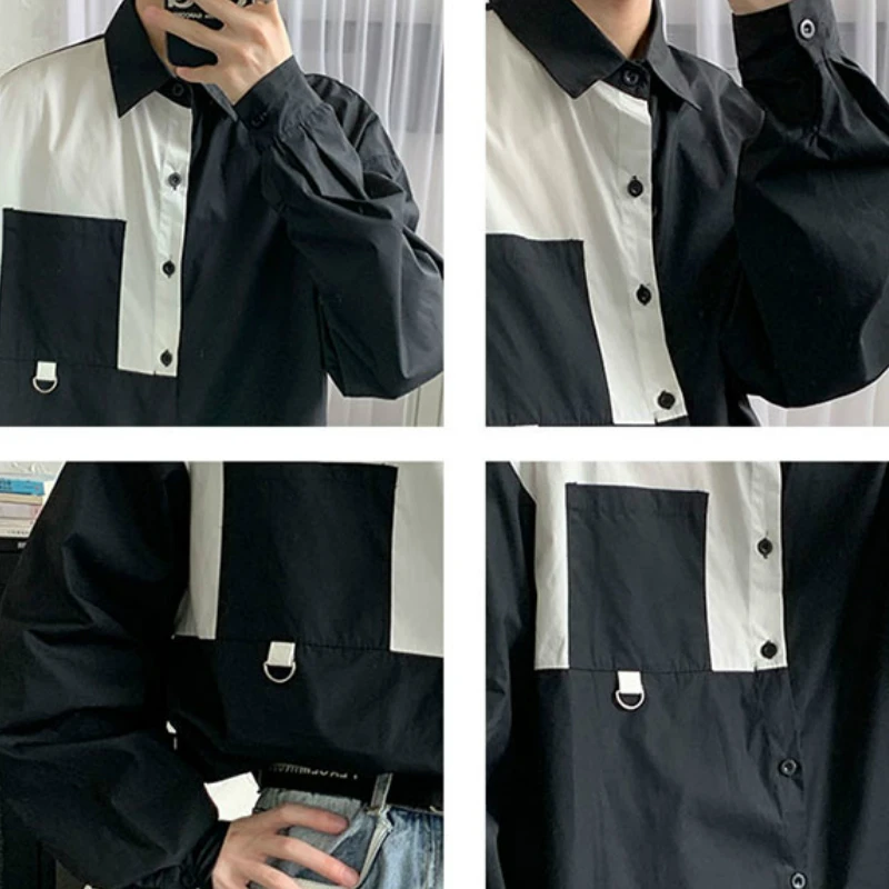 

Men Shirts Patchwork Single Breasted Long Sleeve Turn-down Collar Korean Style Fashion Baggy Designed Casual Harajuku Clothes