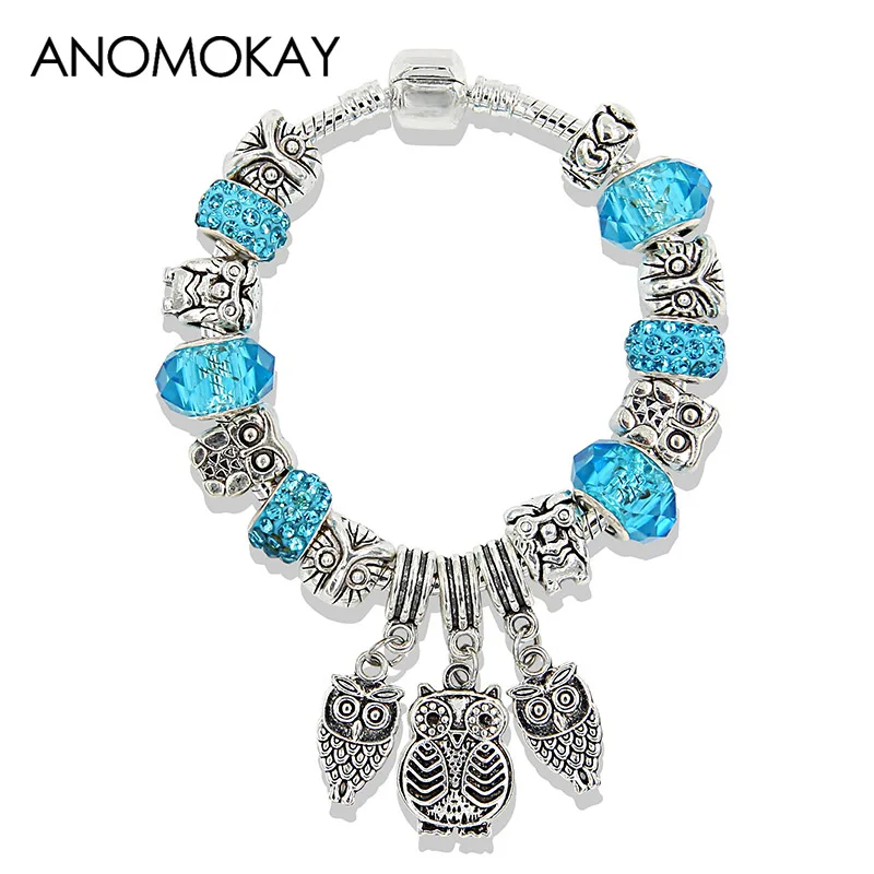 Женский браслет с подвеской в виде совы посеребренный розовый синий фиолетовый