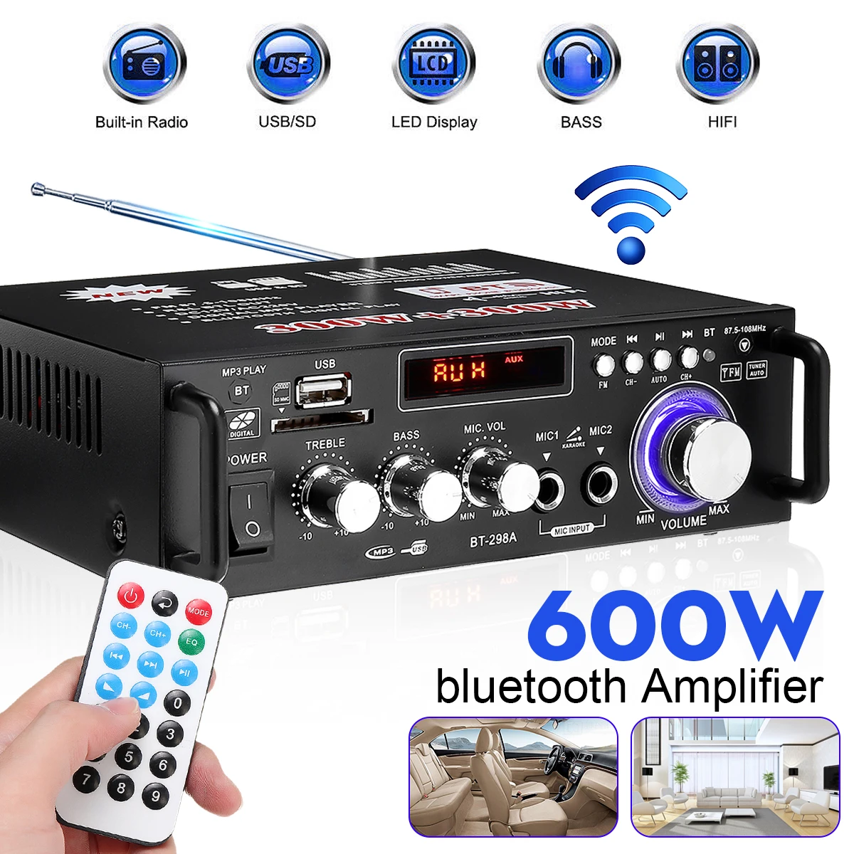 

BT-298A110V 12V HIFI Bass Car Audio Stereo Power Amplifier Bluetooth FM 2CH 600W LED Diaplay Support FM AUX SD for Car Home
