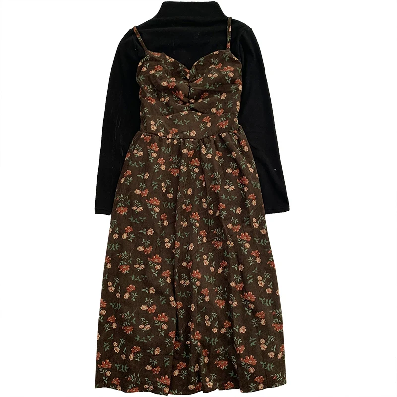

Corduroy Vintage Dress Set Women Casual High Collar Slim Bottoming T-shirt + Suspender Flower Patten Dress Matching Set