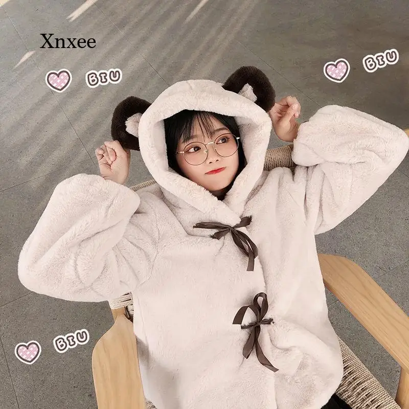 

Женская куртка с капюшоном и медвежьими ушами, мягкое плюшевое пальто в стиле "Лолита", Милая зимняя утепленная однотонная верхняя одежда в стиле Харадзюку с имитацией кроличьего меха