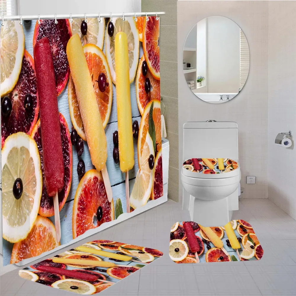 

Polyester Custom Candy Shower Curtain Modern Bathroom With Hooks Bath Screens Toilet Lid Cover Bath Rugs 4 Piece for Bathroom