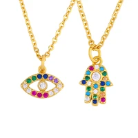 lucky rainbow blue evil eye charm necklaces for women fatima hand multicolor zirconia pendant cz hamsa gold plated jewelry gift