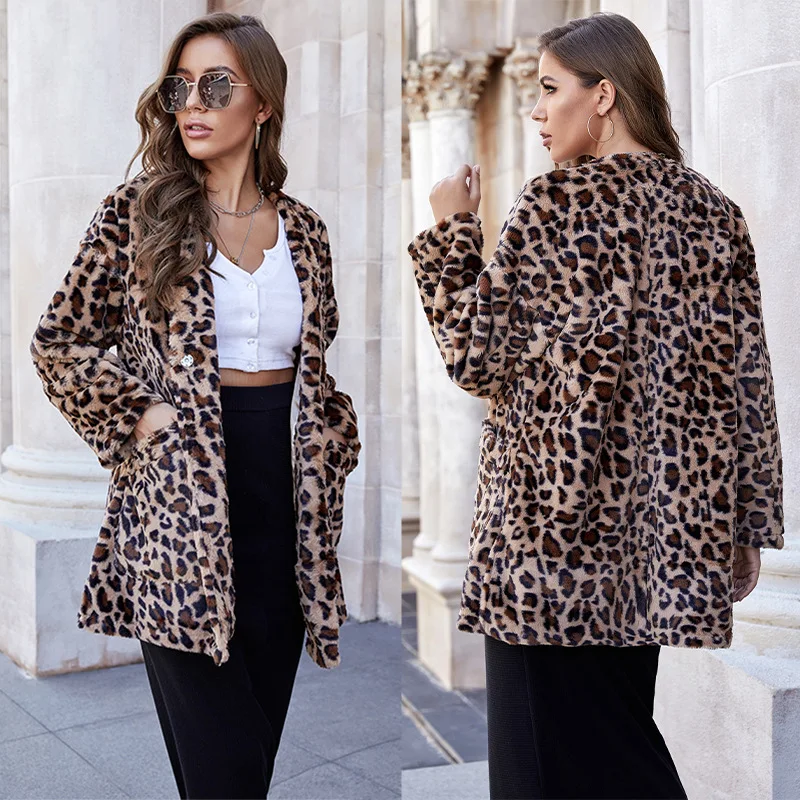 

Autumn and Winter Leopard Plush Women's Coat Casual Fashion Style Sexy Lapel Green Fur Coat Pocket Loose Plush Fashion Coat