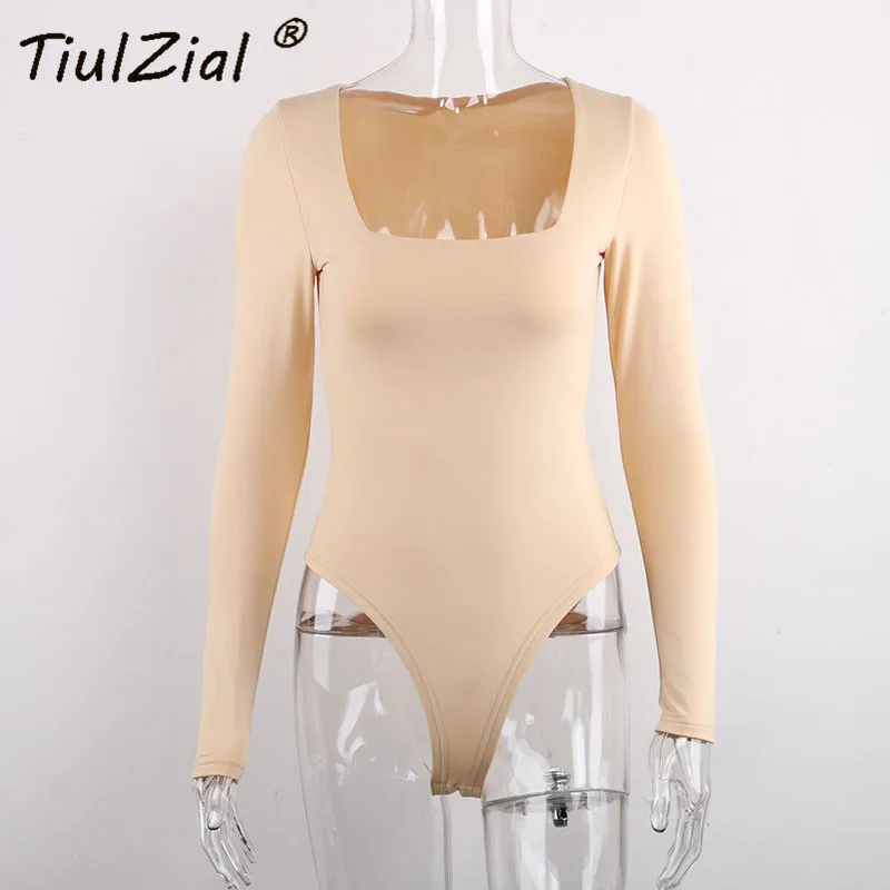 

WenQing Square Collar Long Sleeve Bodycon Bodysuit For Women Autumn White Women Bodysuit Winter Casual Body Female Top Black