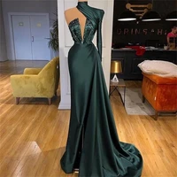 elegant satin mermaid evening dress 2021 one shoulder crystal side split prom gowns ladies formal wear