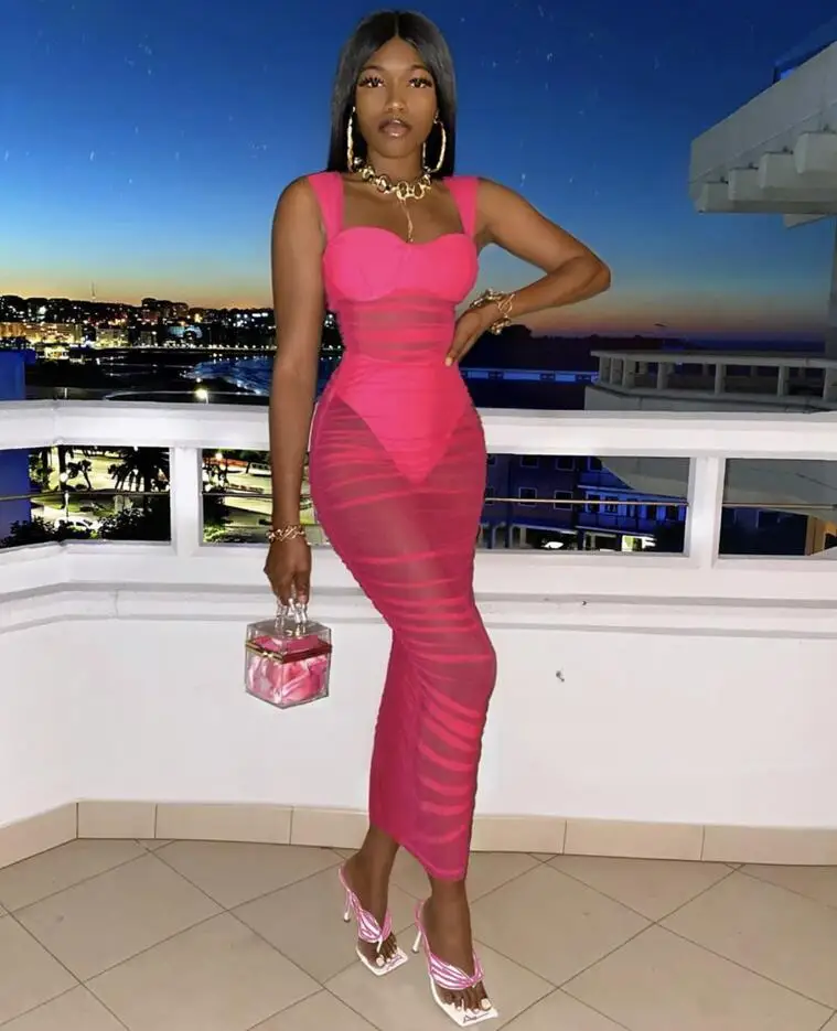 Летнее модное сексуальное Сетчатое платье до колена с рюшами ярко-розовое черное