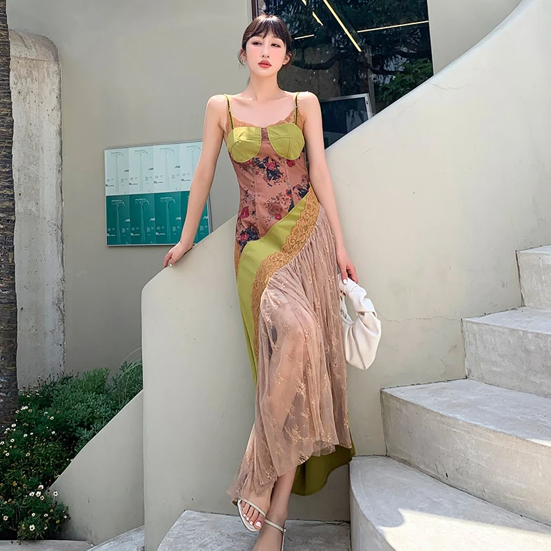 

Sexy Lace Dress Women Strapless Backless Floral Print Holiday Dresses Women 2022 Summer New Vintage Slim Sundress Female CX2472