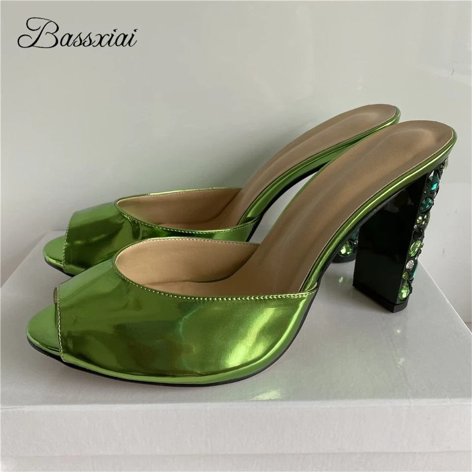

Green Patent Leather Runway Mules Lady Sexy Open Toe Diamond High Heel Slingbacks Summer Sandals For Girls Women