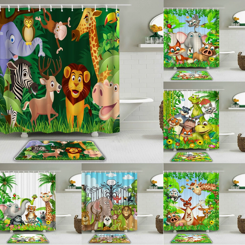 

2Pcs/Set Cartoon lovely Animals Printed Shower Curtain Set Non-slip Bath Mat Waterproof Fabric Bathroom Curtains Decoration