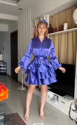 

Short Dress V-Neck Long Lantern Sleeve Vestido 2021 Summer New Fashion Women Clothing Ruffle Lace Up