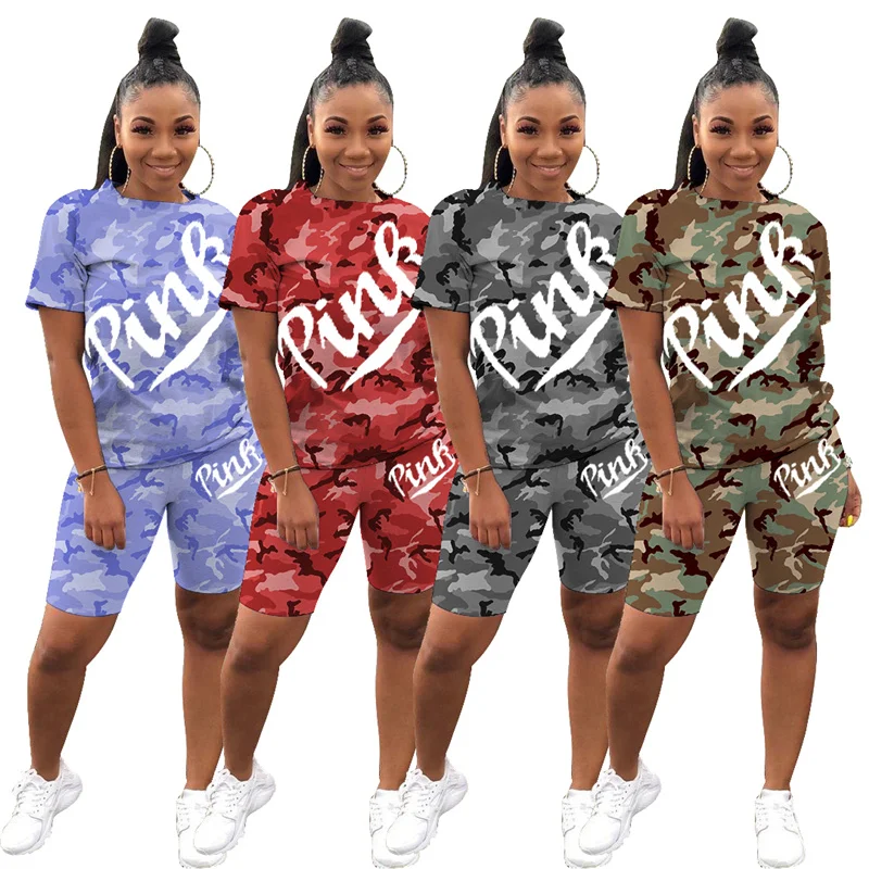 

Camouflage 2021 Sporty Casual Two Piece Set Summer New Tracksuits Pink Letter Print Outfits 3XL Tops+Biker Shorts Jogger Suits