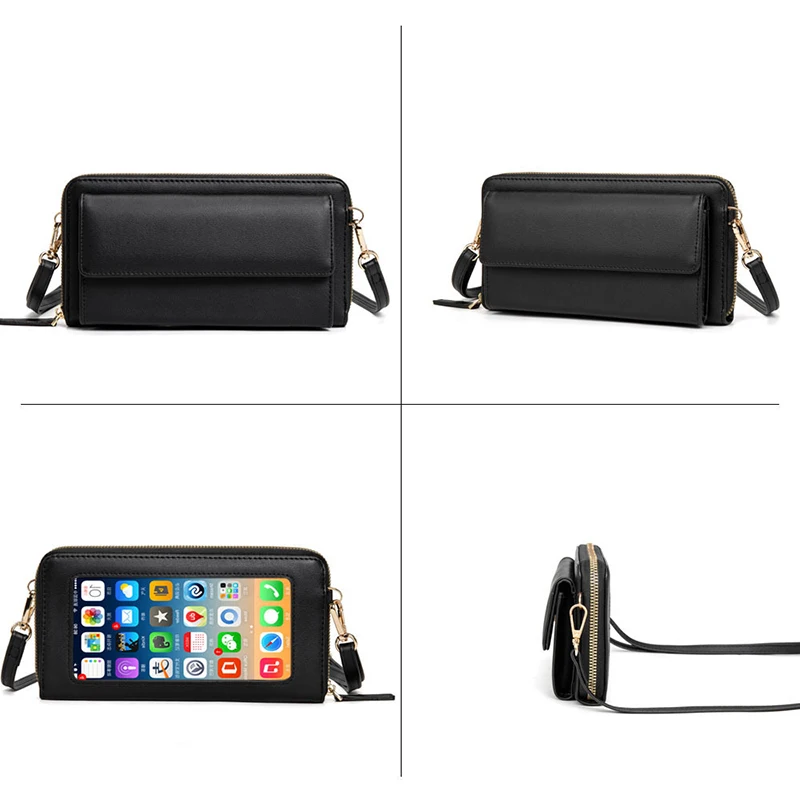 

Multi-Compartment Cellphone Purse With Clear Window RFID Blocking Slim Wallet Leather Money Clip Credit Card ID Holder P