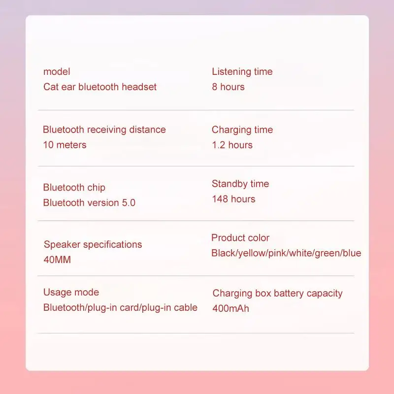 Светодиодный кошачьими ушками Беспроводной наушники 5 0 Bluetooth для детей/девочек