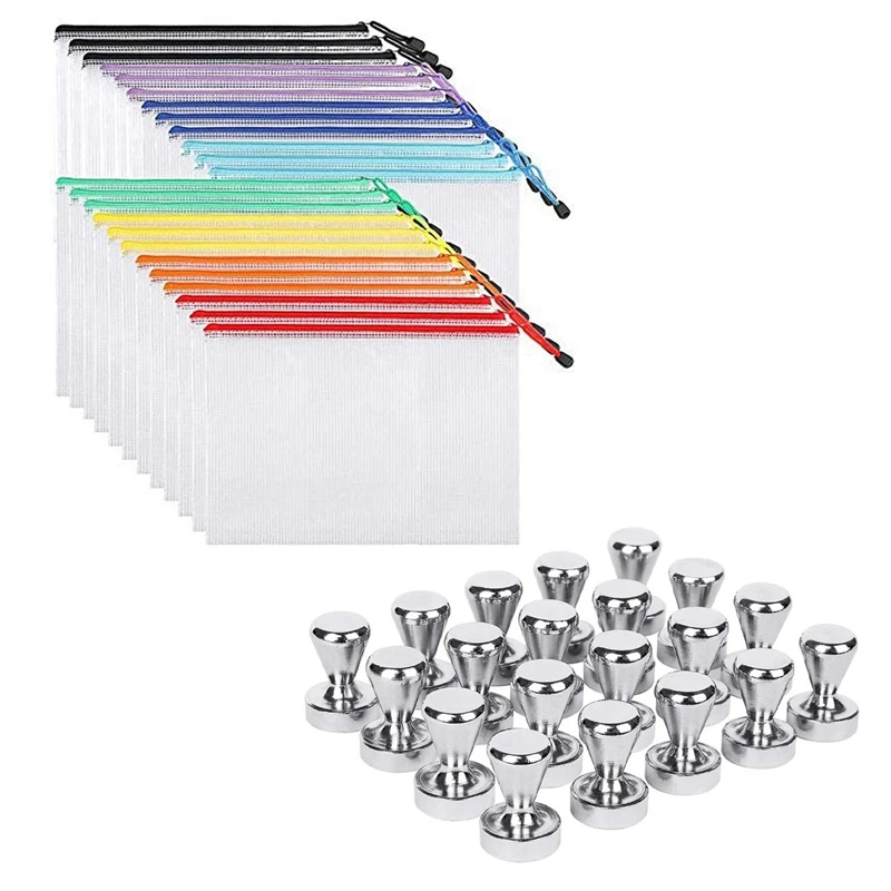 

20Pcs Push Pins ,Silver Magnets, Brushed Nickel Push Pin Strong Magnets with 24Pcs Mesh Zipper Pouch Document Bag