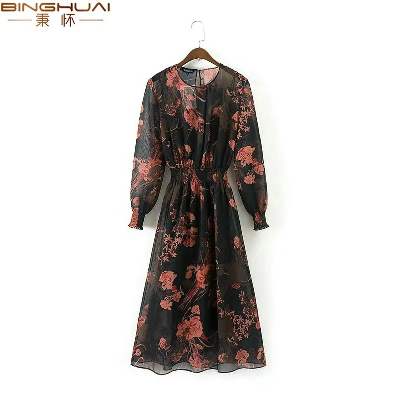 Женское шифоновое платье миди с цветочным принтом и поясом на резинке|Женские