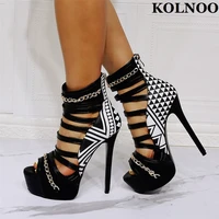 kolnoo new classic large size handmade ladies high heel sandals peep toe sexy summer platform evening club fashion black shoes