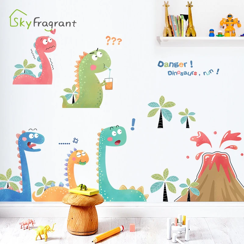 

Cartoon Volcano Little Dinosaur Wall Stickers Creative Kids Room Decoration Cute Sticker Self-adhesive Baby Bedroom Wall Decor