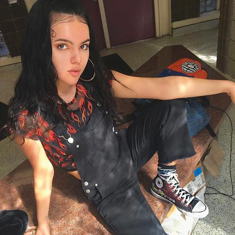 Футболка женская сетчатая с принтом пламени пикантный прозрачный топ коротким