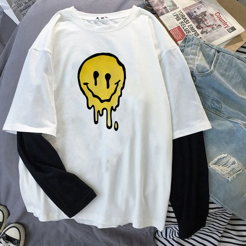 

Женская футболка 2021 новые свободные хлопковые топы с длинным рукавом-футболка с рисунком улыбающегося узора кавайные Винтажные белые футб...