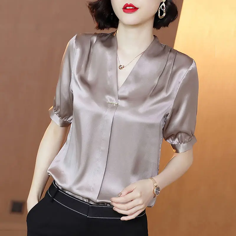 

2021 New Fashion Summer Blouses Women Casual V Neck Shirts Short Sleeves Chiffon Tops Ladies Elegant Work Office Shirt Tops L253