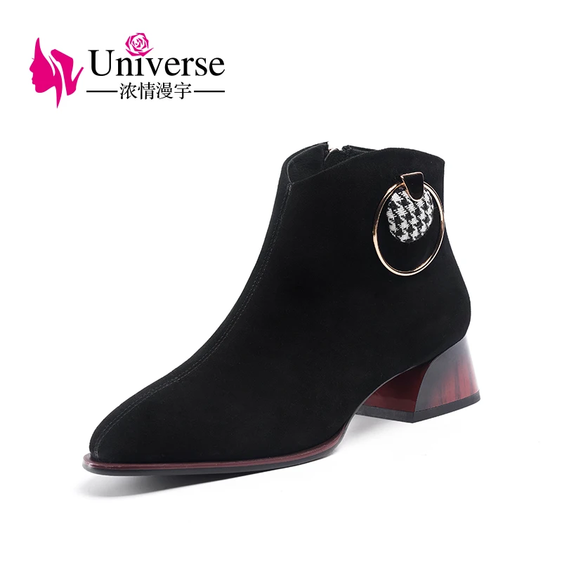 

Universe J220 Rose Gold Pendent Decorated Kid Suede Women Shoes For Spring And Autumn Comfy 4.5 cm Med Heels Ankle Boots Ladies