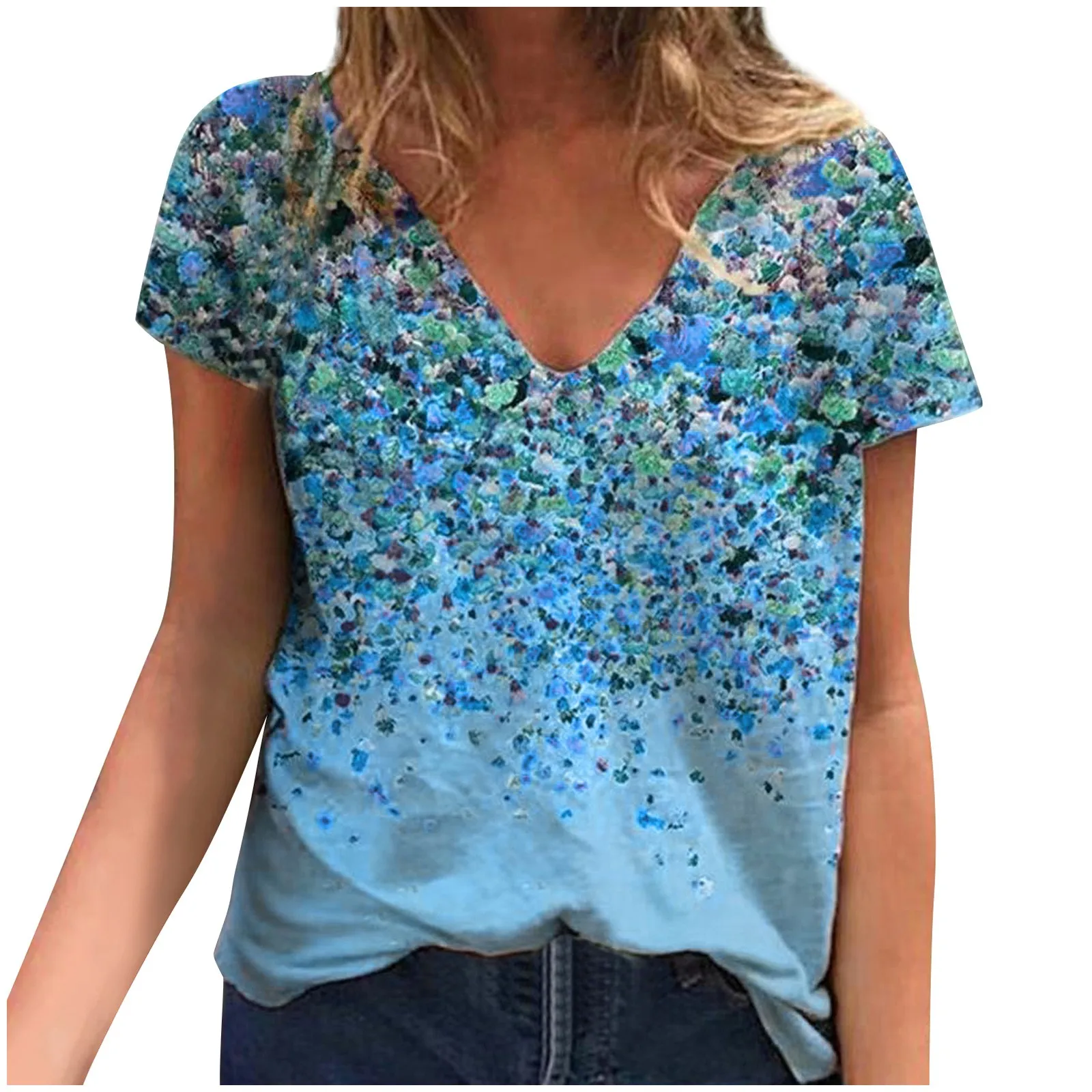 

40# Bohemian Floral Print Women Blouse Tops Elegant V-neck Short Sleeve Summer Shirt Female Casual Shirt 2021