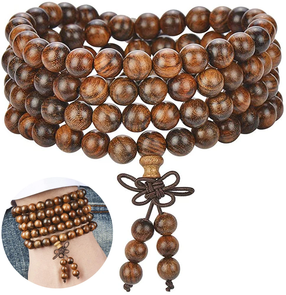 6mm Natural Sandalwood Buddhist Buddha Wood Beads Bracelets Prayer Beaded Knot 4-Layer Wrist Chain Men Women Bracelet Bangles