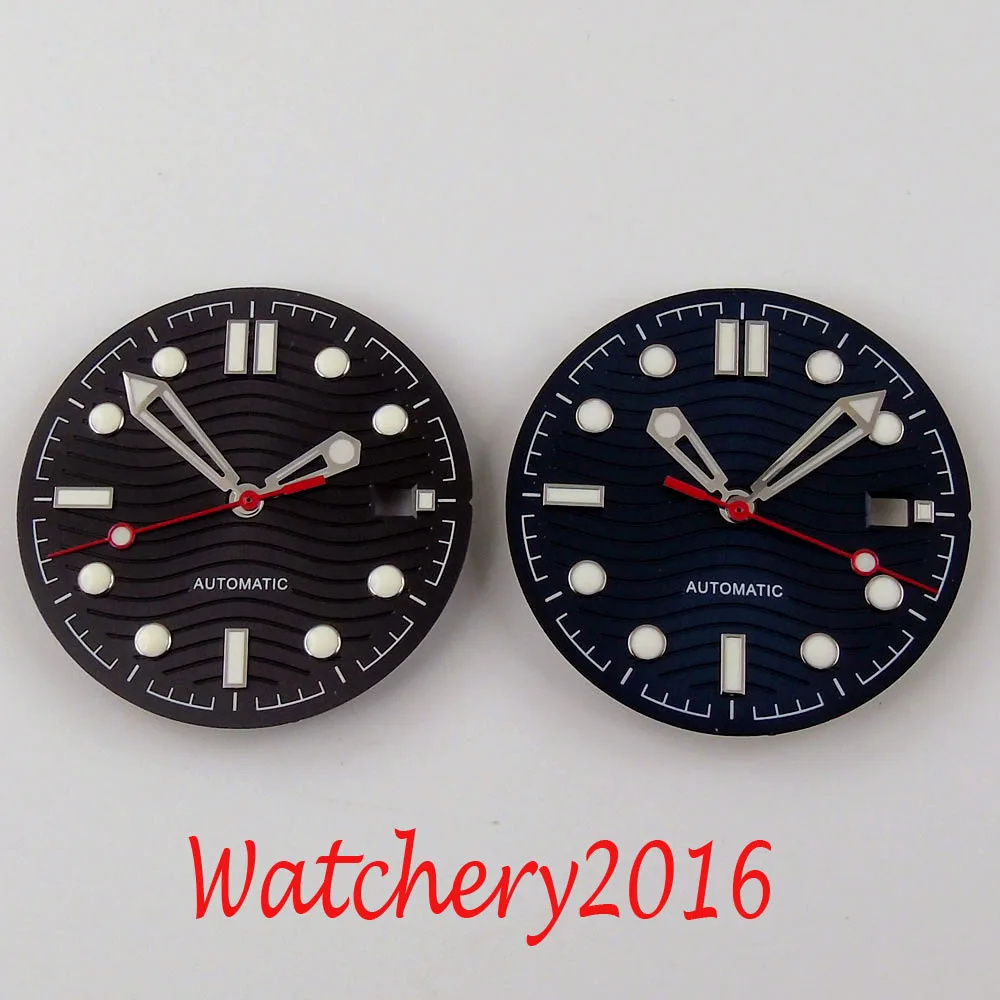 

Nologo 30.8mm Black Blue Watch Dial Waves Patterns Wristwatch Hand for NH35 Date Display
