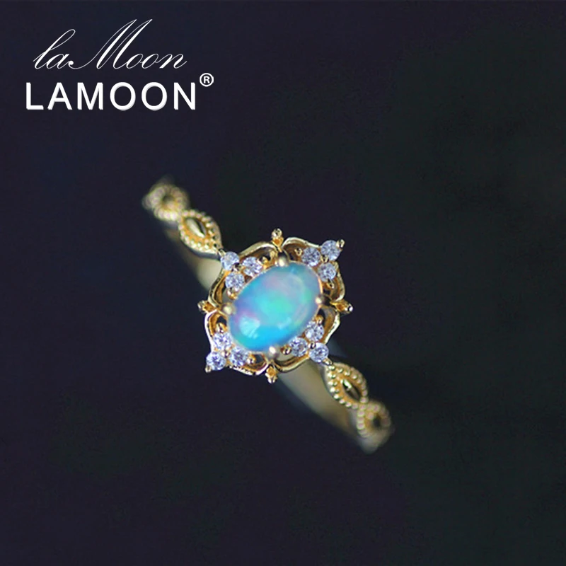 LAMOON 925 Sterling Silver Blue Fire Oval Opal Ring 14K Gold Plated Classic Engagement Rings Fine Jewelry for Women Gift LMRI132 | Украшения