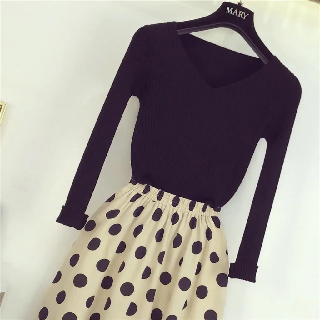2019 Autumn 2 Piece Set New Women's V-neck Slim Body Knit Sweater + Loose High Waist Wave Skirt Two-piece Suit Femme Student | Женская