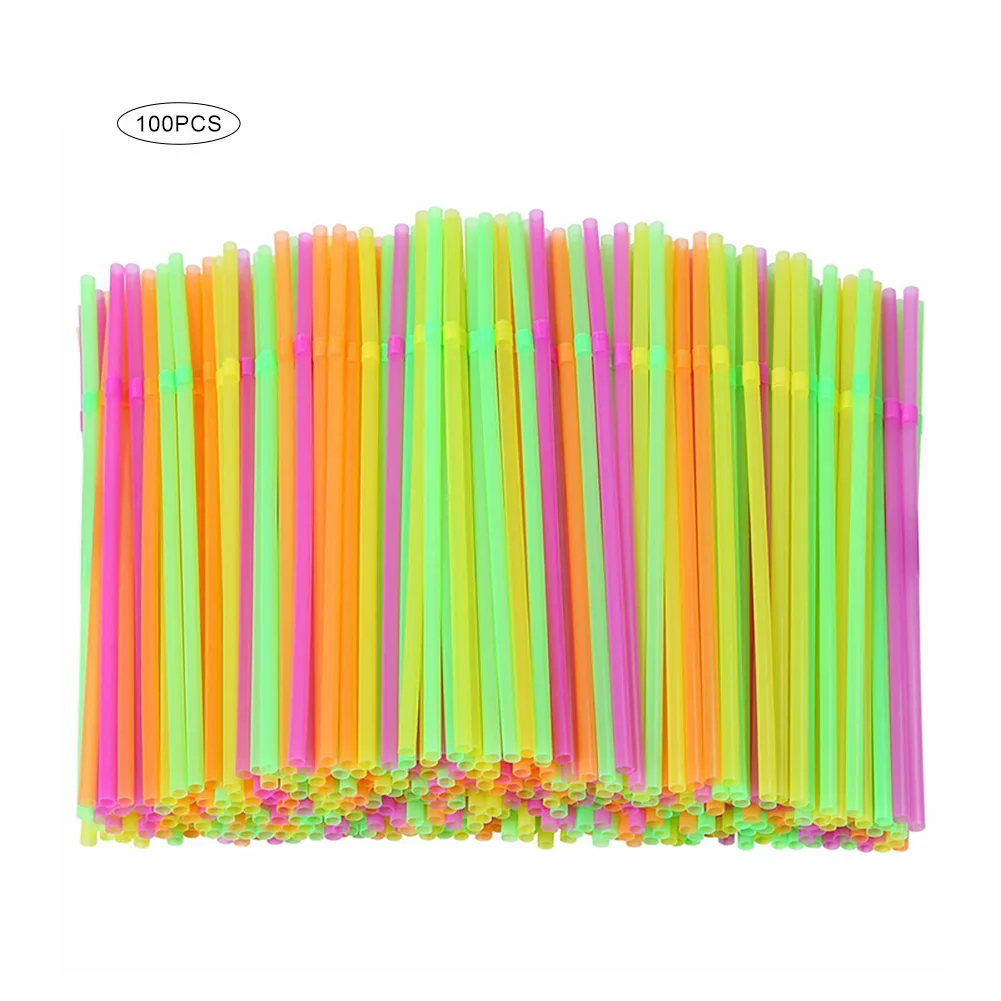 

100Pcs Fluorescent Plastic Bendable Drinking Straws Disposable Beverage Straws Wedding Decor Mixed Colors Party Supplies