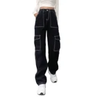 Контрастной строчкой 90s эстетические, свободные джинсы с дырками на коленях Для женщин большие карманы Лоскутная уличная карго штаны с заниженной талией, джинсовые брюки для девочек