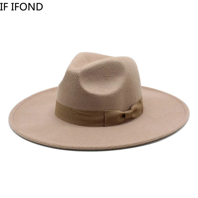 2022 New British Style Men Women Winter Felt Fedoras Cap 9.5cm Big Wide Brim Derby Wedding Church Jazz Hats