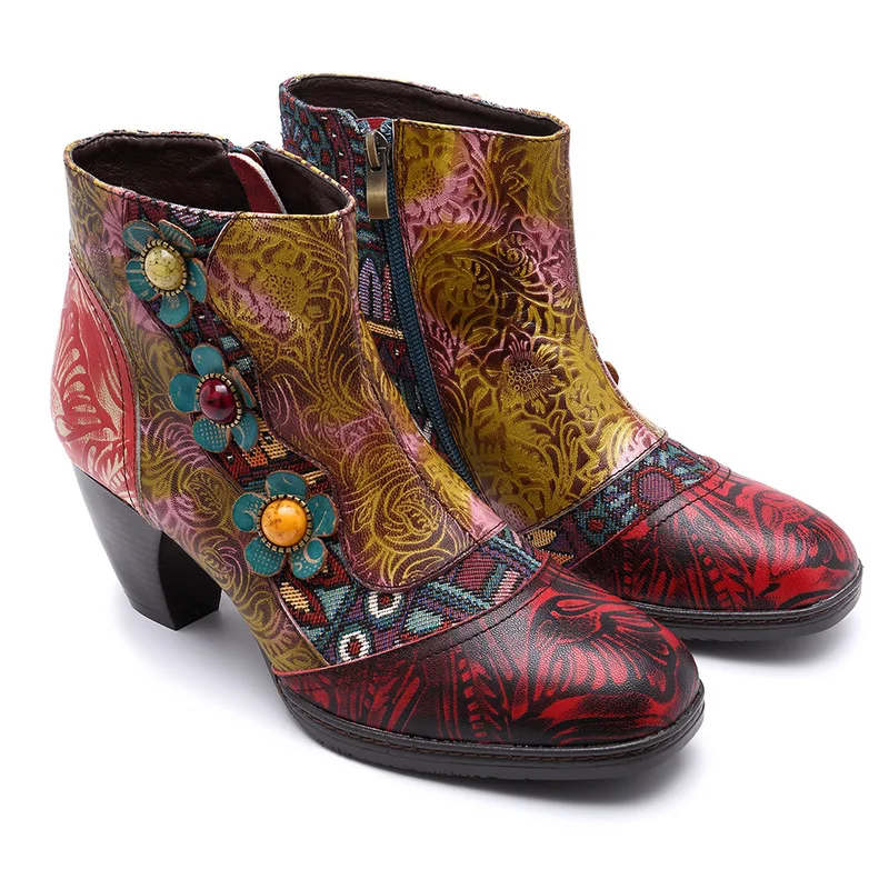 

Vintage Bohemian Printed Winter Boots Women Shoes Woman Genuine Leather Splicing Handmade Flower Women Ankle Boots Botas