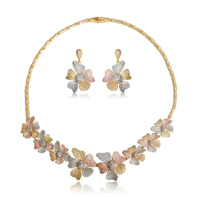 

BLUCOME Women Bridal Colorful Flower Wedding Jewelry Sets Necklace Earrings 3 Tone Rose Gold Silver Colors Dubai African Bijoux