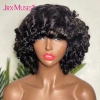 Fluffy Bouncy Curly Human Hair Wigs with Bangs Glueless Peruvian Remy Funmi Curls Short Bob Full Machine Made Wigs for Women