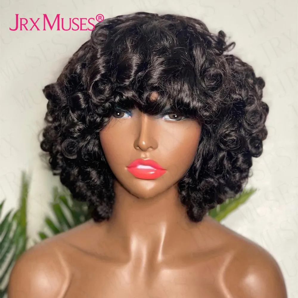 Fluffy Bouncy Curly Human Hair Wigs with Bangs Glueless Peruvian Remy Funmi Curls Short Bob Full Machine Made for Women | Шиньоны и