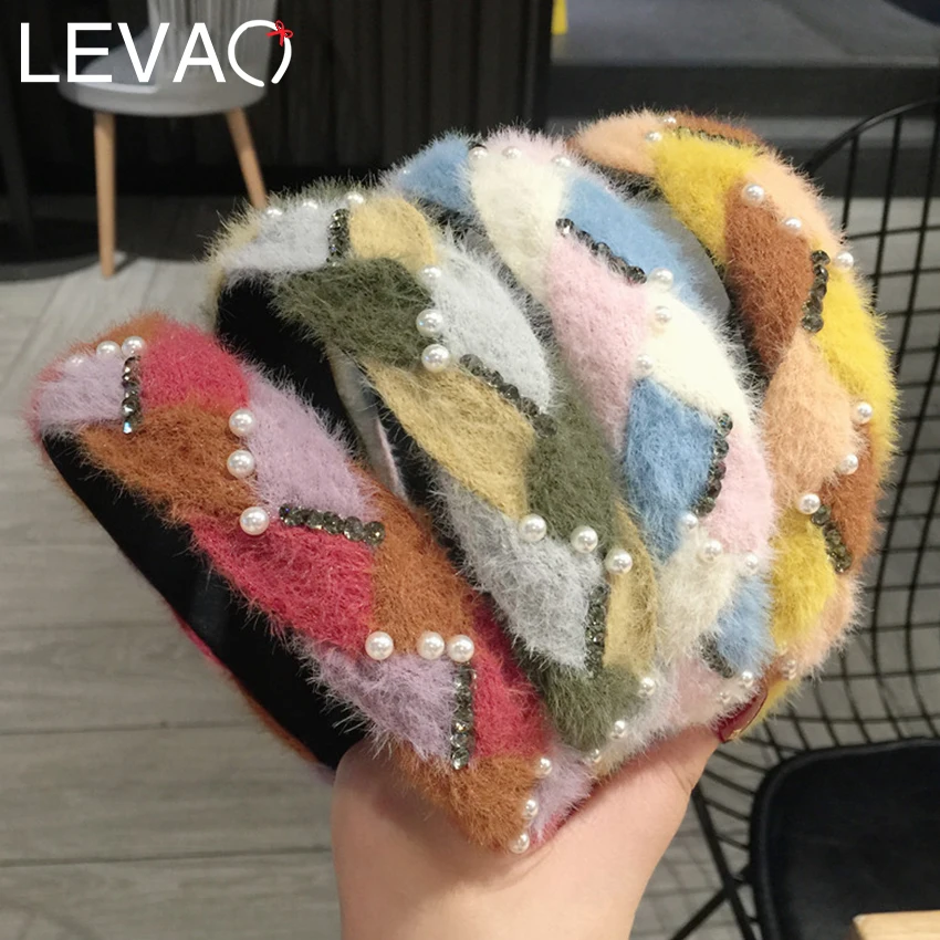 Levao зимние; вязанные; шерстяные резинки для волос для женщин жемчужный плюшевый Плетеный ободок для волос обруч для волос повязка для волос аксессуары для волос