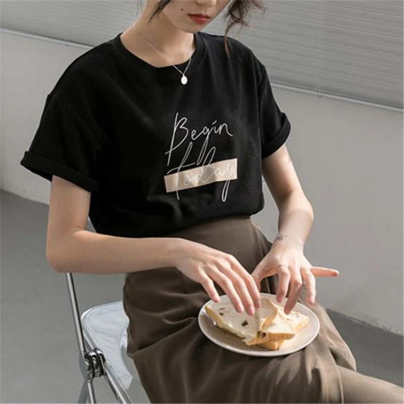 

Letter Women T-Shirt O Neck Short Sleeve Loose Casual Pure Cotton 2021 Girls Spring Thick Pullovers Femme Fashion Clothings
