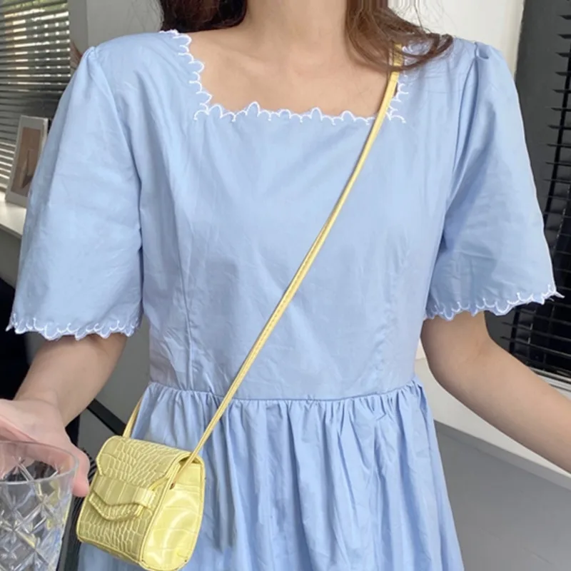

Dress Women Vintage French Style Simple High Waist Girls Solid Dresses Summer Smilp Square Collar Holiday Lady Sundress Vestidos